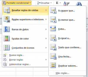 ¿Cómo funciona Resaltar Reglas de celdas?, formato de tabla 2 300x263