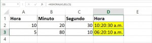 La función Tiempo (NSHORA) en Excel, Ejemplo 2 300x86