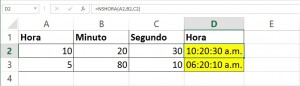 La función Tiempo (NSHORA) en Excel, ejemplo 1 300x86