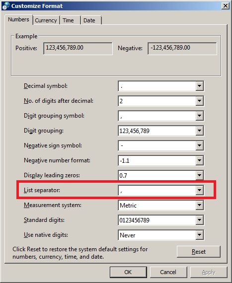 Cambiar separador de argumentos de funciones, Separador de Lista