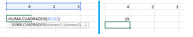 Función SUMA.CUADRADOS en Excel, 1 2