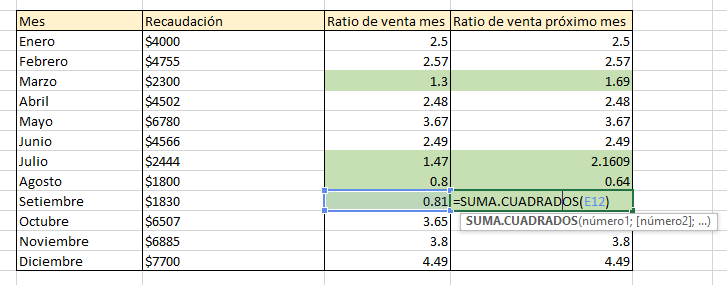Función SUMA.CUADRADOS en Excel, 10