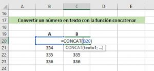 ¿Cómo convertir un número en texto, usando diversas funciones?, Convertir un n%c3%bamero en texto con la funci%c3%b3n concatenar 300x138
