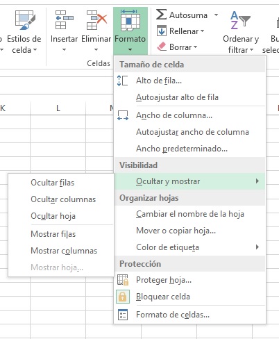 &iquest;C&oacute;mo ocultar o mostrar columnas y filas?, Opci%c3%b3n formato ocultar filas y columnas