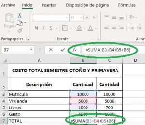 ¿Cómo realizar fórmulas en Excel?, Función suma 300x257